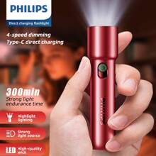 PHILIPS 1pc Strong Light LED Flashlights Household Mini Torch With 4 Lighting Modes, Pink/Red Flashlights USB Rechargeable, Multifunctional Outdoor Portable Lighting Emergency Lights For Camping, Hiking, Home Use, Dog Walking, Sports, Reading, Thanksgiving, Christmas Gifts