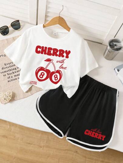 2 Pieces Tween Girl Letter Slogan & Cherry Number 8 Print Peter Pan Collar Short Sleeve Crop Top & Sports Shorts Set, Spring/Summer For Girls