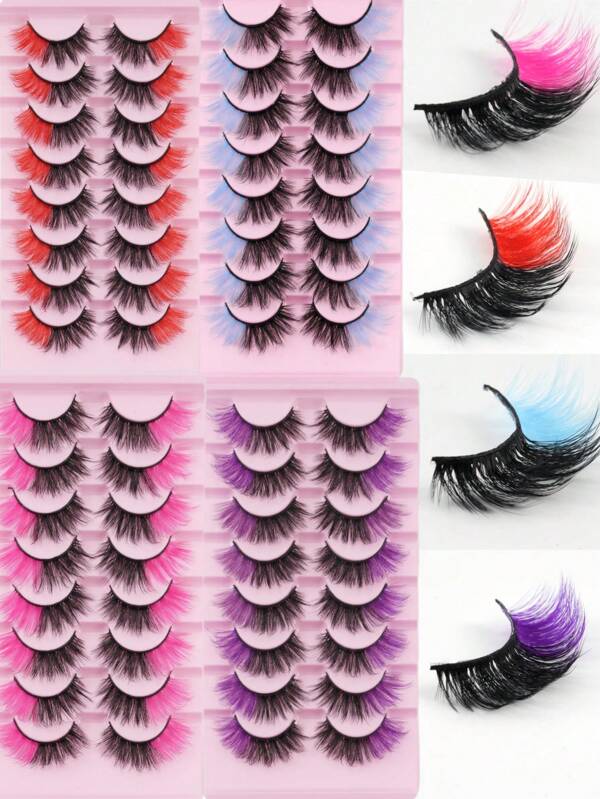 8 pares de pestañas falsas de visón sintético de colores mixtos, pestañas largas y gruesas de 18 mm con color en los extremos, pestañas postizas dramáticas y voluminosas con rizo en forma de ojo de gato y zorro, pestañas postizas de visón sintético coloridas, esponjosas y largas, tiras de pestañas rusas con rizo D