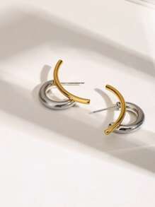 Uworld 1 件女士未完成对称金银对比线耳环 18K 金不锈钢耳环适合日常交流装饰派对和旅行 - 拼色線條耳環 - 查看 7
