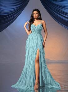 Elisanya Vestido formal de estilo hada para mujer, vestido de noche romántico para bodas, fiestas, eventos de caridad. Vestido de gala de color liso sin espalda con lentejuelas y de tul - Azul menta - Ver 4