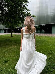 Women Long Tank Dress Lace Trim Tie-Up V Neck Sleeveless Backless Empire Waist Ruffle Dress For Evening Party Club