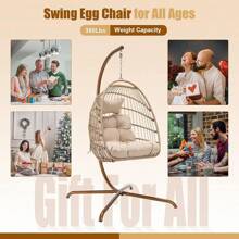 Cozy Hanging Egg Chair With Stand Indoor Outdoor, Wicker Patio Basket Swing Chair With Cushion And Golden Legs, 350lbs Durable Sturdy Egg Hammock Chairs For Deck Balcony Backyard Porch, Golden/Beige