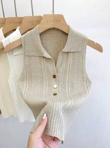 1 pieza Polo de punto sin mangas con cuello falso de ajuste corto para mujer con botones dorados, negro, blanco, albaricoque, rosa, morado