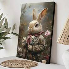 1pc Framed Wall Art, Wrapped Canvas Poster Vintage Prints, Easter Day, A White Rabbit In A Floral Suit, Home Living Room Bedroom Ofice Wall Decor, Birthday Party Decor, Hanging Hardware Included - Framed, Vertical