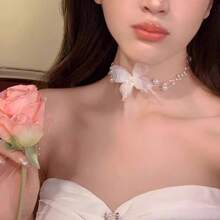 1件优雅奢华白色花朵和仿珍珠女士颈链，适合婚礼、日常佩戴、度假和情人节配饰 - 白色 - 查看 3