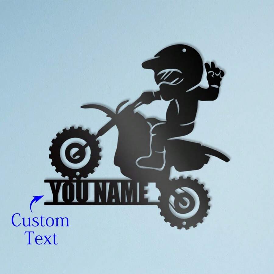1 Pieza de Arte de Pared de Metal con Nombre Personalizado de Motocross, Logo Personalizado de Niño Piloto de Motocross, Decoración del Hogar de Motocicleta - Para Habitación de Niños - Metal - Regalo Personalizado para Amantes de las Motocicletas, Impresión Gráfica - Negro - Ver 1