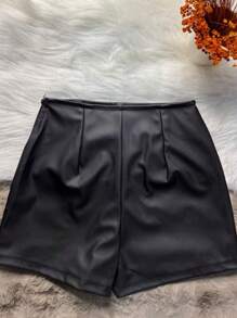 PREMIUM FAKE LEATHER SKIRT SHORT WITH FRONT SLIT Without Belt Autumn And Winter - màu đen - Xem 2