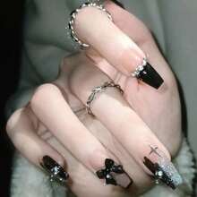 Chic 24Pcs Glitter-Rhinestone Ballet Nails - Long Black Strobe Full Cover Acrylic Tips For An Elegant Halloween Press On Nails Nail Supplies Nails - Multicolor - View 2