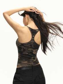 New European & American Summer Design Sense Camouflage Short Lightweight Breathable Camisole Tank Top For Women, Slim Fit - Army Green - View 2