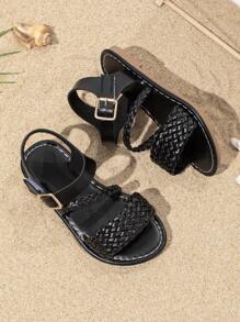 Summer Kids Woven Strap Sandals, Casual & Fashionable, Boys & Girls Flat Beach Shoes Suitable For Daily, Holiday And Travel - Black - View 5