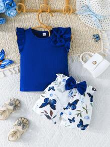 Baby Girl Clothing Summer Baby Girl Set Cap Sleeve Cute Bow Top & Butterfly Print Casual Shorts 2 Pieces Outfit