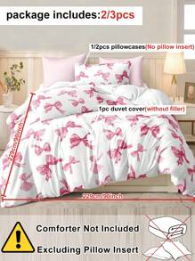 2/3 pièces Set de couette imprimé numérique polyester à motif nœud rose, style princesse mignon pour filles, pour utilisation toutes saisons dans la chambre. Fermeture éclair, lavage machine (1 couette + 1/2 taies d'oreiller)