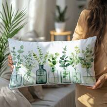 1 件极简水彩绿色植物装饰抱枕套，单面柔软桃皮绒面料，30*50cm/40*60cm，适用于现代布艺沙发、室内装饰、派对装饰、礼品