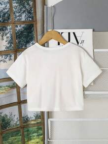 2 Pieces Tween Girl Letter Slogan & Cherry Number 8 Print Peter Pan Collar Short Sleeve Crop Top & Sports Shorts Set, Spring/Summer For Girls