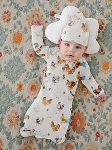 Conjunto de 4 pijamas para bebé con gorros, estampado de pollo y pato, cuello redondo, manga larga, para recién nacidos, con nudo - marrón café - Ver 8