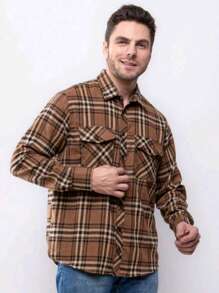 Men's Long Sleeve Plaid Flannel Shirt - 鏽棕色 - 查看 4