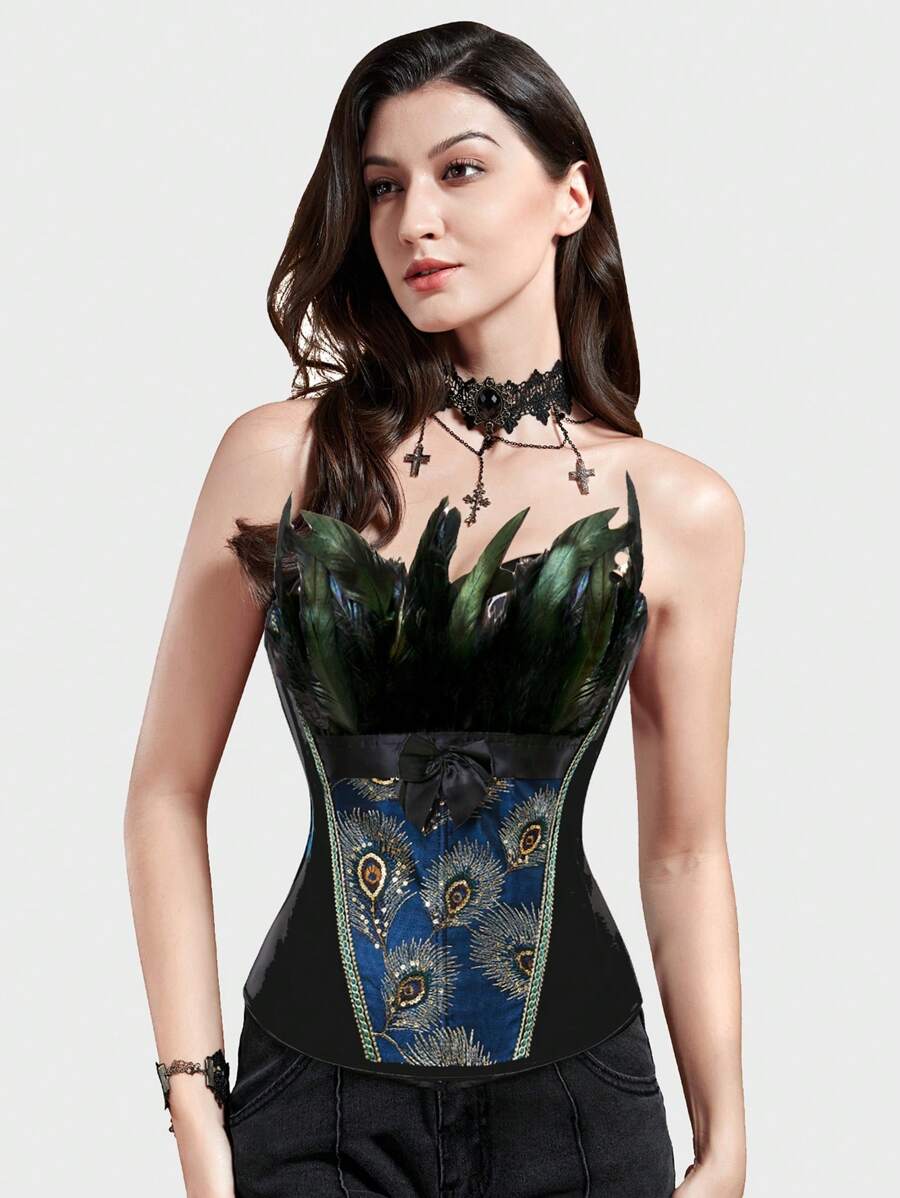 Corsets For Women Overbust Bustiers Top Embroidery Peacock Nobility Feather Burlesque Halloween Costume - 黑色 - 查看 1