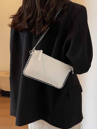 女士拼布串珠链条肩带斜挎包，复古纯色树皮纹理信封工作包