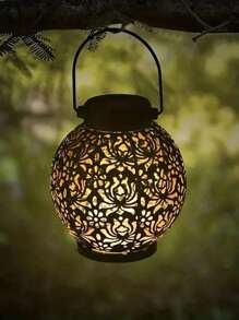 1Pc Solar-Powered Metal Lantern - Vintage Chinese Style Hollow Design,Black And Bronze, Perfect For Garden, Patio, Balcony & Lawn Decor, Outdoor Garden Lighting For Pathway, Yard, Patio