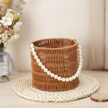 Imitation Rattan Basket Flower Basket Faux Pearl Handle Stylish Appearance Versatile Picnic Basket For Lotions Toiletries - Multicolor - View 4