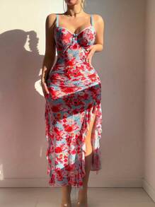 2 件/套性感印花内衣，带褶边，紧身长裙 - 藍色 - 查看 1