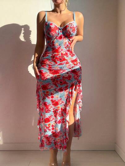 2 件/套性感印花内衣，带褶边，紧身长裙