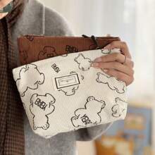 1pc Cute Bear Retro Simple Corduroy Makeup Bag Hand In Hand For Bag Storage,For Holiday Beach, Bathroom Collection, Bedroom Collection, Large Capacity - Multicolor - View 1