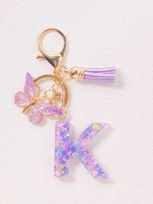 1pc A-Z English Letter Creative Keychain, Kids Backpack Accessories, Butterfly Letter Pendant Keychain For Girls, Bag Charm - Purple - View 8