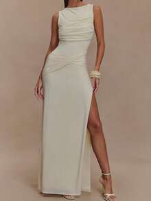 Sleeveless Backless High Split Bodycon Party Dress - White - View 2