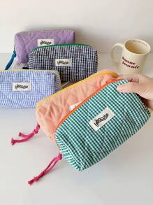 Estuche de lápices con diseño de color block y cuadros, estuche de lápices de diseño básico y suave para papelería, estudiantes, niñas, cosméticos y artículos varios, de vuelta a la escuela, útiles escolares, estuche de lápices, mochila escolar