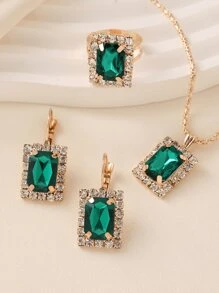 3pcs/Set Women's Geometric Square Rhinestone Necklace, Earrings, And Ring Set, European And American Style - Gold - View 3
