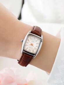 sottas 新款方形迷你桶形女士手表，韩式简约数字表盘，休闲百搭优雅复古石英表，适合女学生 - 棕色 - 查看 3