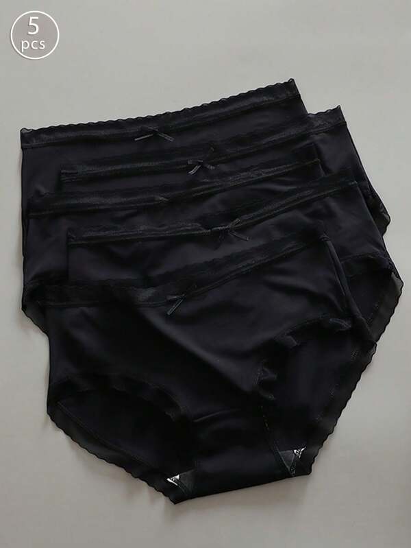 5 Pack Women Bow Decor Mid Waist Ultra Thin Ice Silk Panties
