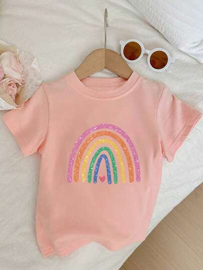 Young Girl's Rainbow Print Round Neck Short Sleeve Tee Spring And Summer Casual T Shirt For Young Girl