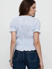 Women's Casual Comfort Blue & White Striped Pattern Round Neck Ruched Front Tie-Up Slit Hem Shirt Summer - Blue and White - View 6