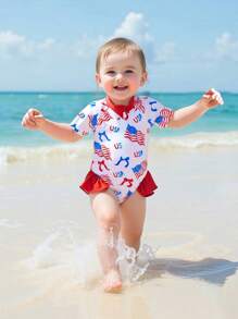 Baby Girl Rash Guard Swimsuits Short Sleeve Round Neck Ruffle Bathing Suit Toddler Swimwear - Red - View 2