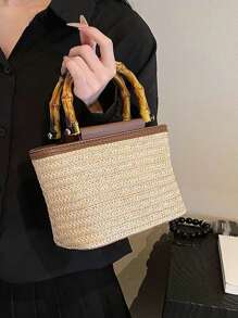2025 New Summer Women's Multifunctional Sling Bag, Woven Small Handbags, Ladies Straw Bucket Tote Bags, Bamboo Handle Bag - Beige - View 2
