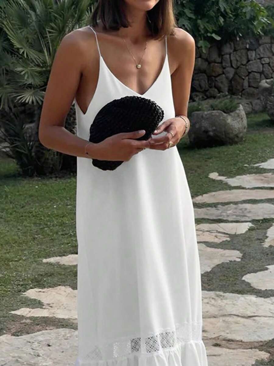 Váy yếm chắp vá họa tiết hoa không tay cho nữ, váy suông hở lưng gợi cảm, thoải mái, mùa hè - trắng - Xem 1