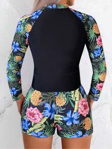Tropical Print Stylish Tankini Swimwear Set With Long Sleeve - Black - View 2