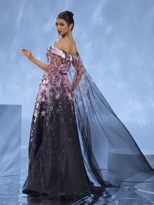 DELLA COUTURE 梦幻粉色碎花紧身修身晚礼服，飘逸薄纱设计，彰显高贵气质，腰部珠饰，优雅浪漫，拖地长裙，适合派对、晚宴、婚礼等正式场合，女士夏装 - 粉色 - 查看 5