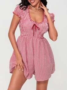 Women's Y2K Gingham Ruched Mini Romper Dress Plaid Short Sleeve Deep V Neck Bow Front Smocked Waist Summer Wide Leg Short Jumpsuits Babydoll Dresses Summer Streetwear - 紅色 - 查看 8