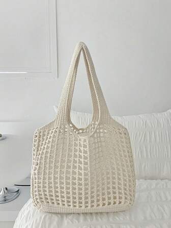 轻便、休闲女士简约大容量镂空编织购物袋钩针包，母亲节送给妈妈的礼物，大容量手提包和旅行书包，适合毕业生、少女、新生、大二学生、休闲度假、沙滩包、单肩包、手提包