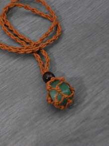 可调节天然黑水晶石串珠项链，石网编织毛衣链 - 棕色 - 查看 3