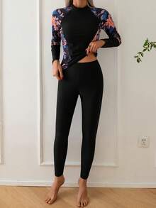 This Casual And Sexy Women's Round Neck Printed Long Sleeve Spaghetti Strap Tankini Swimsuit Comes With A Zipper And Medium Stretch Pants, Creating A Fashionable Look. - Black - View 3