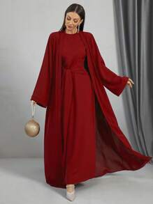 女士纯色长袖休闲长款阿巴雅，端庄长袍 - 紅色 - 查看 5