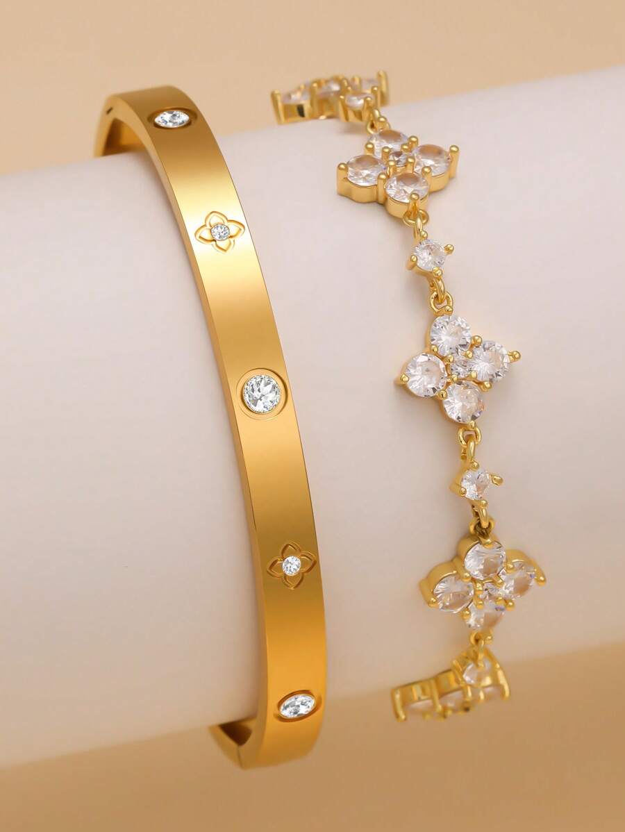 Elegant And Fashionable Luxury Stainless Steel Clover Zirconia Women's Bracelet Set, Suitable For Daily Stacking And As A Gift For Friends - Yellow Gold - View 1