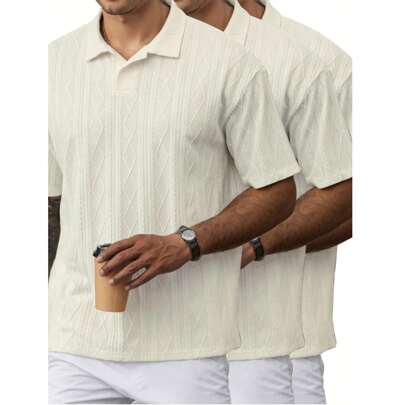 [3-Pcs] Men's Polo Shirt Textured Knit V-Neck Summer Shirt