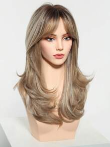 Parrucca lunga da 22 pollici con onde e frangia, colore castano sfumato con riflessi biondi, adatta per donna, resistente al calore, parrucca sintetica per uso quotidiano, feste e cosplay