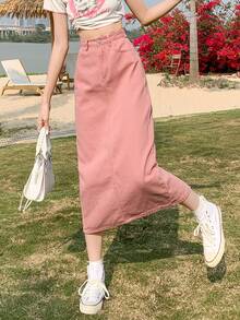 女式可调节腰部休闲复古水洗开衩中长牛仔半身裙，宽松修身